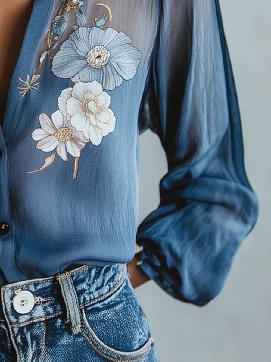 Irene | Blusa Floral Elegante de Manga Larga Mujer Transparente