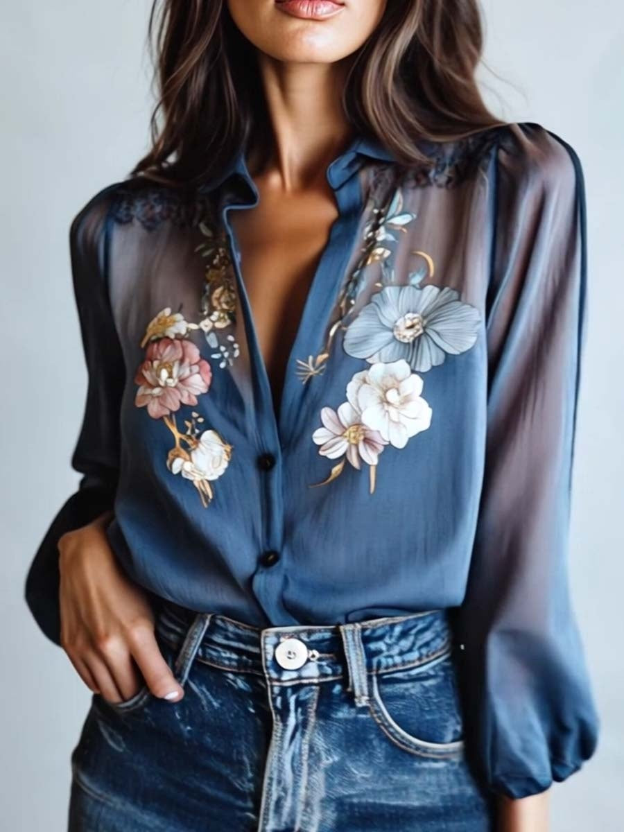 Irene | Blusa Floral Elegante de Manga Larga Mujer Transparente