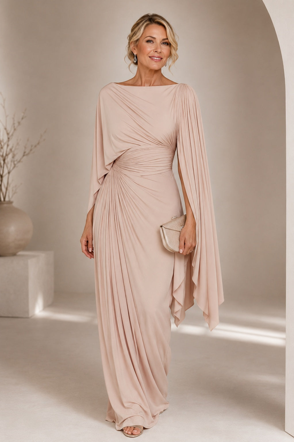 Irene | Vestido Largo Invitada Boda Invierno Mujer Manga Capa Drapeado