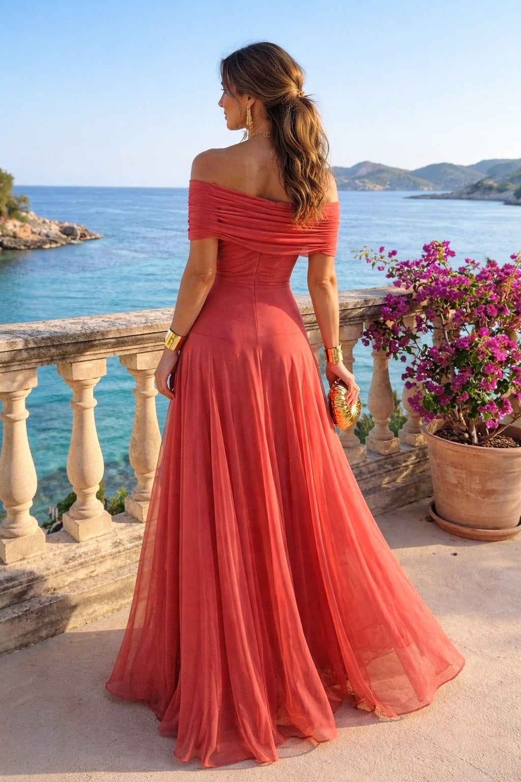Irene | Vestido Palabra de Honor Largo Mujer Hombros Descubiertos