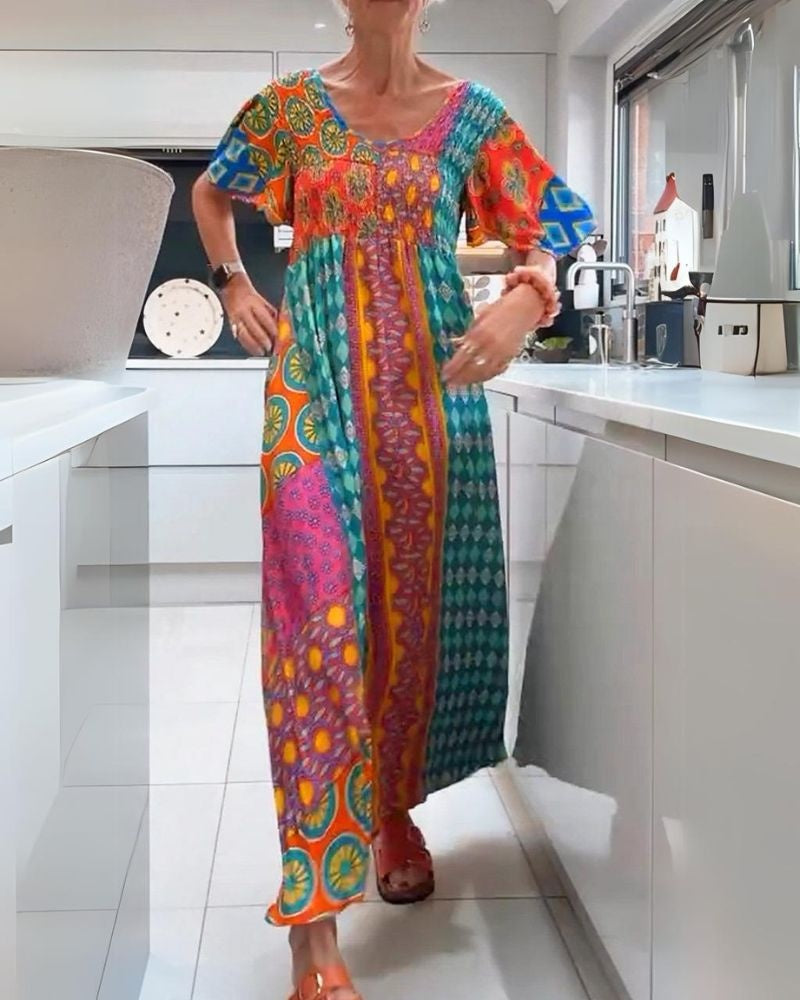 Jimena | Vestido Largo Boho Mujer Estampado Étnico Manga Corta