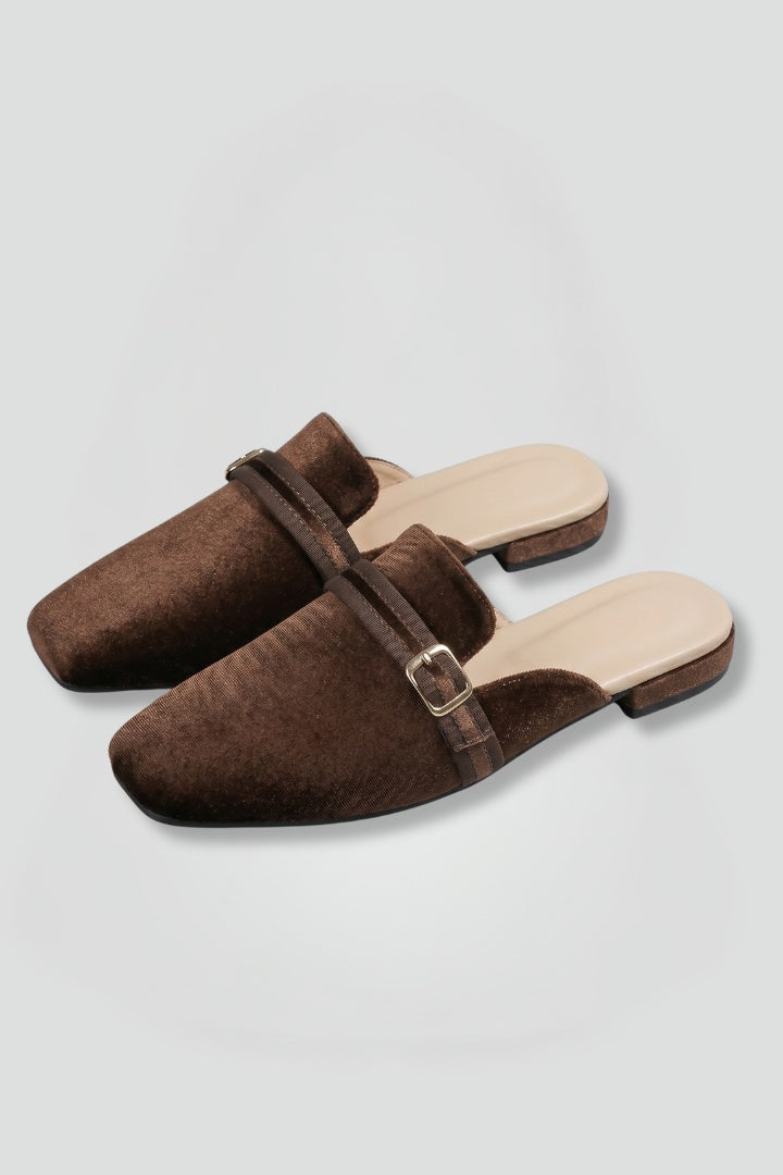 Laia | Mules de Terciopelo Punta Cuadrada Mujer Hebilla