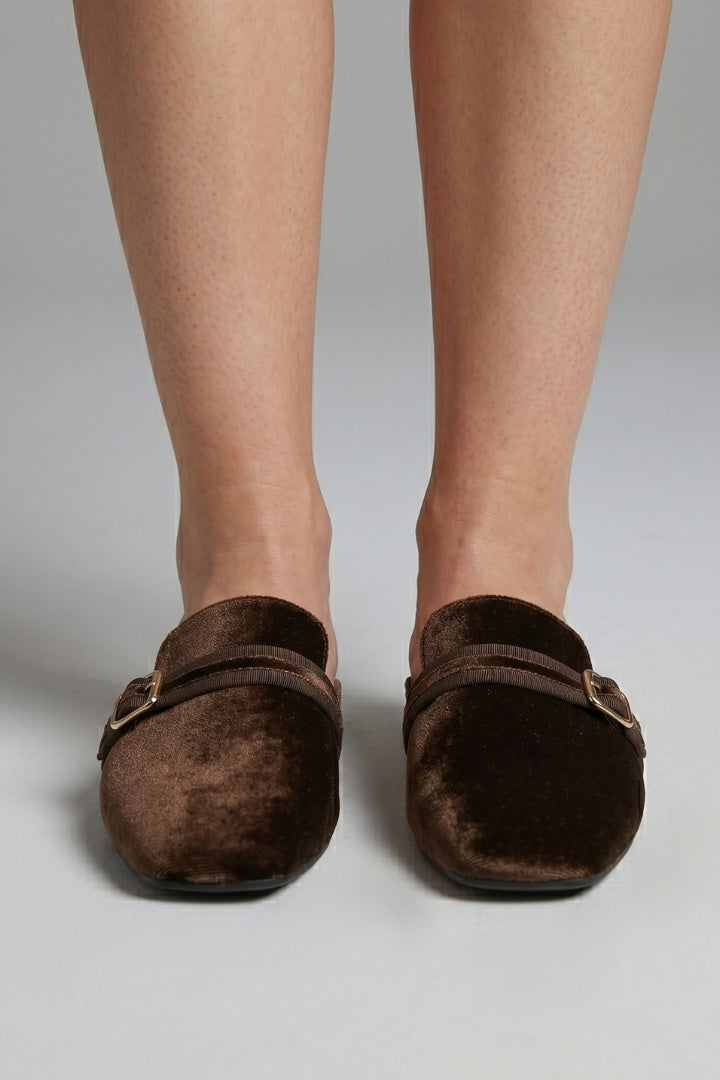 Laia | Mules de Terciopelo Punta Cuadrada Mujer Hebilla