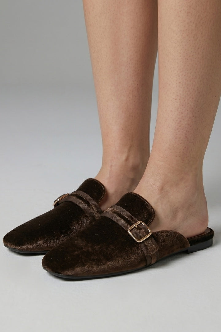 Laia | Mules de Terciopelo Punta Cuadrada Mujer Hebilla