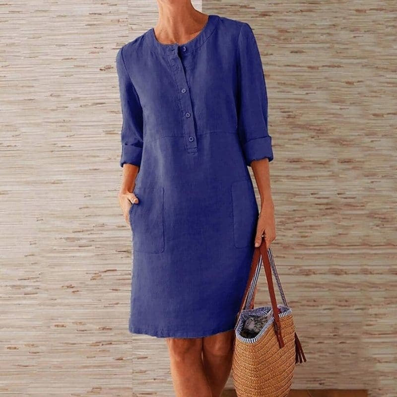 Laia | Vestido Midi Casual con Botones Mujer Manga Larga Bolsillos