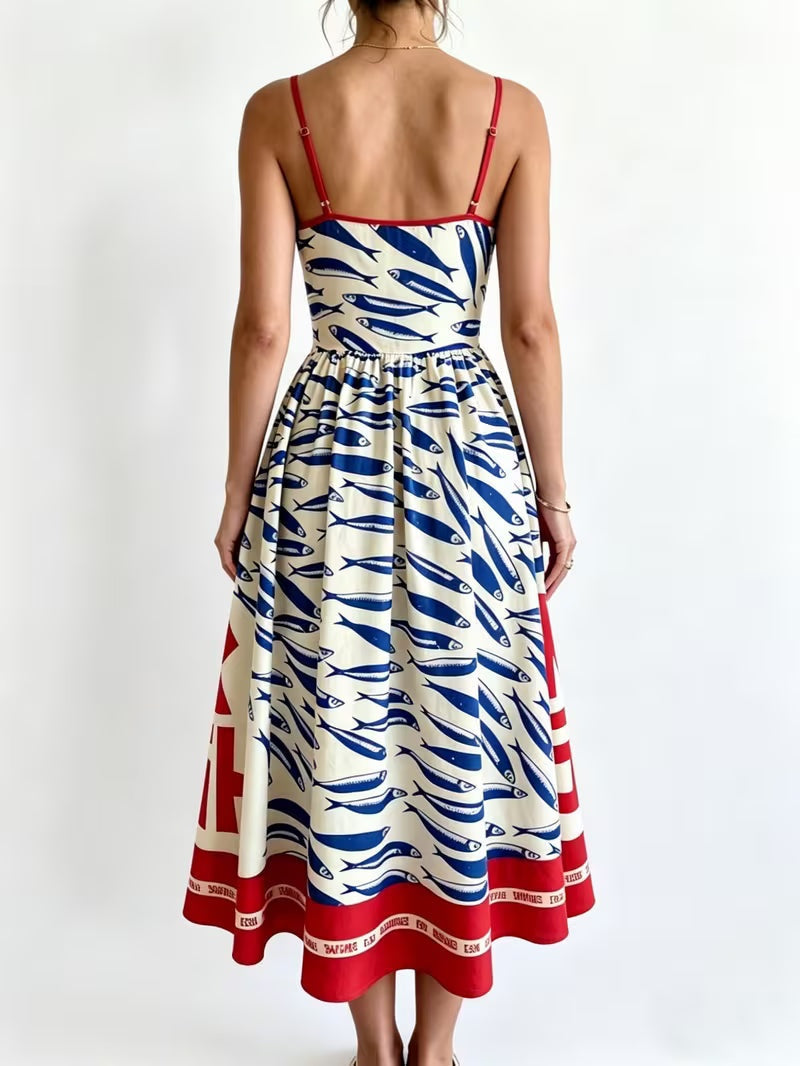 Laia | Vestido Midi Estampado con Tirantes Mujer Falda Vuelo