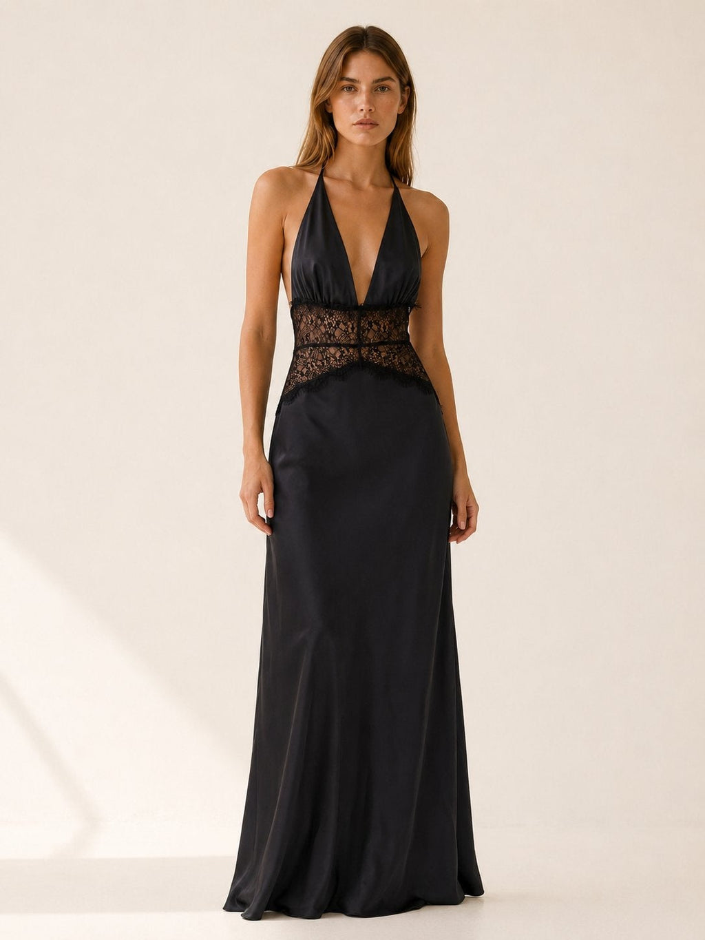 Leire | Vestido de Noche Largo Halter Encaje Mujer Escote V Espalda Descubierta