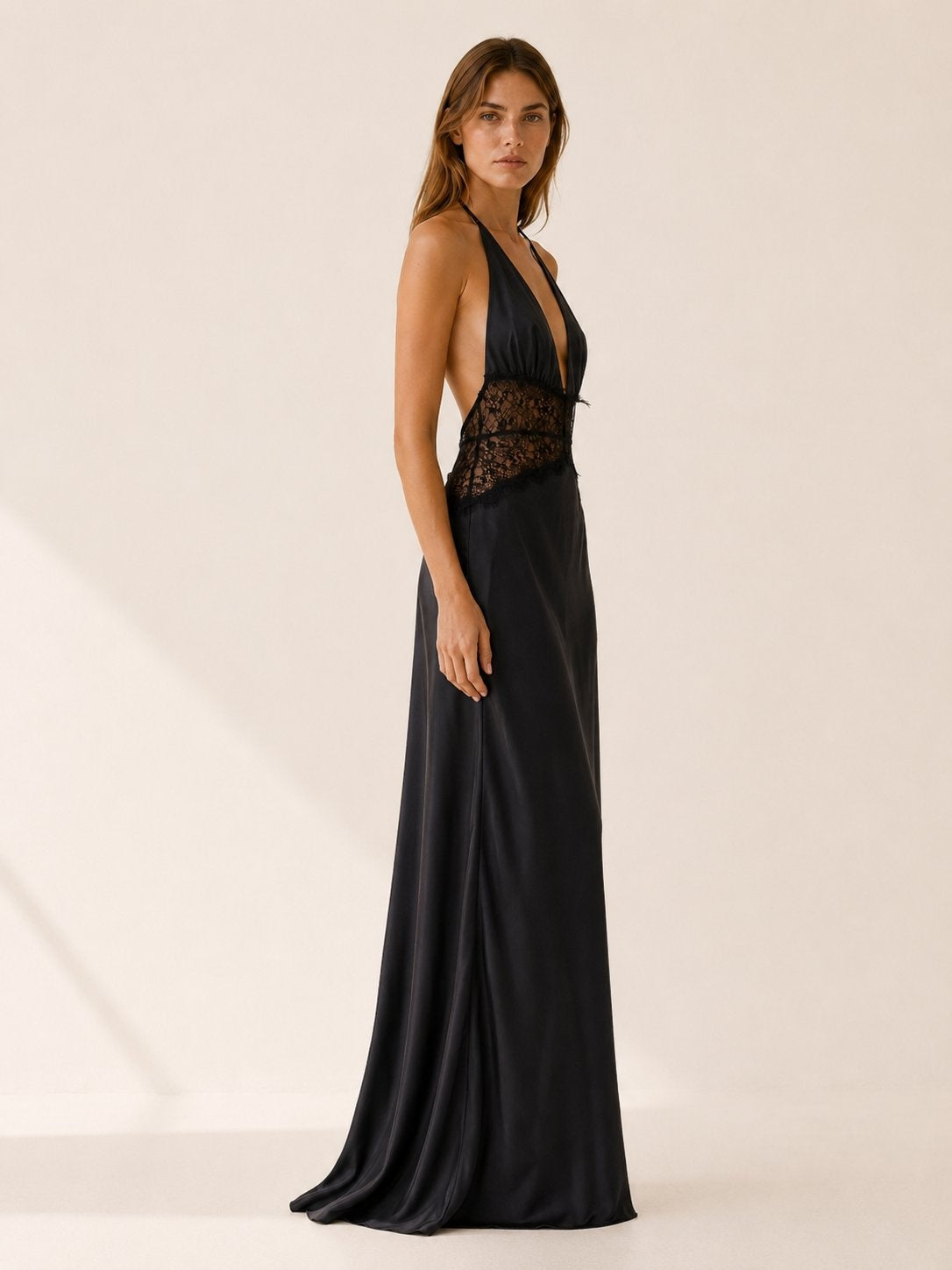 Leire | Vestido de Noche Largo Halter Encaje Mujer Escote V Espalda Descubierta