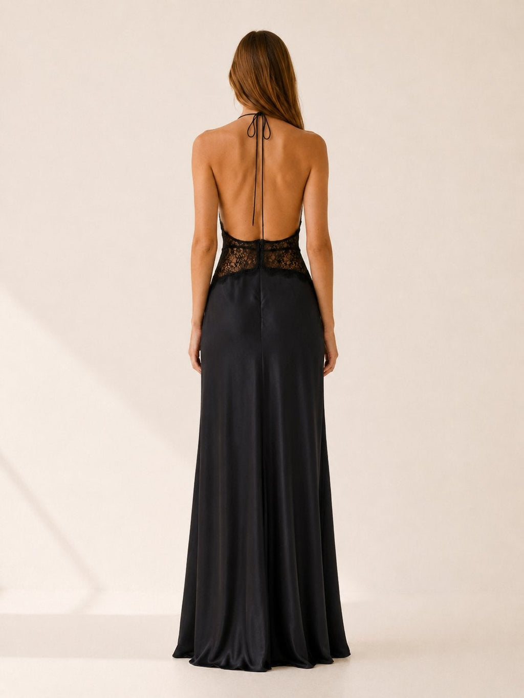 Leire | Vestido de Noche Largo Halter Encaje Mujer Escote V Espalda Descubierta