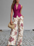 Lidia | Conjunto Gilet con Pantalón de Pierna Ancha Estampado Floral Mujer Elegante