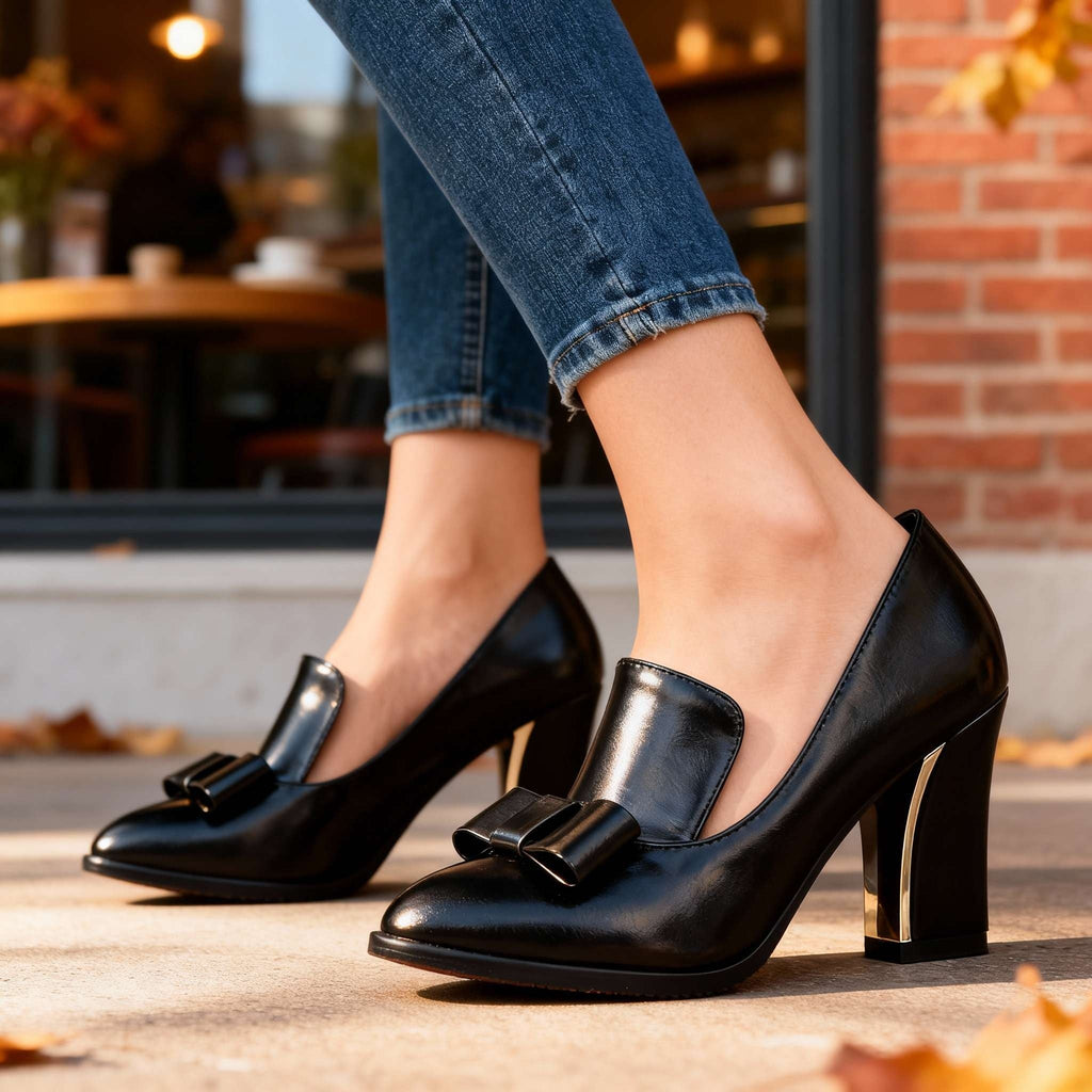 Lidia | Zapatos de Tacón Bloque con Lazo Mujer Punta Fina
