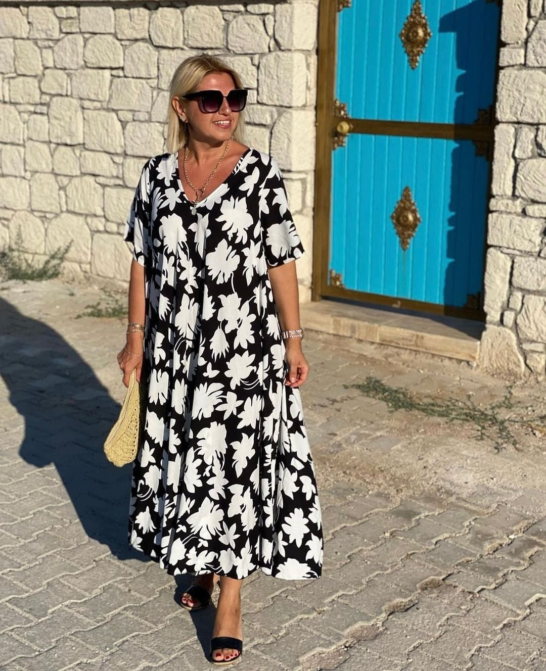 Lola | Vestido Largo Floral Mujer Escote V Manga Corta