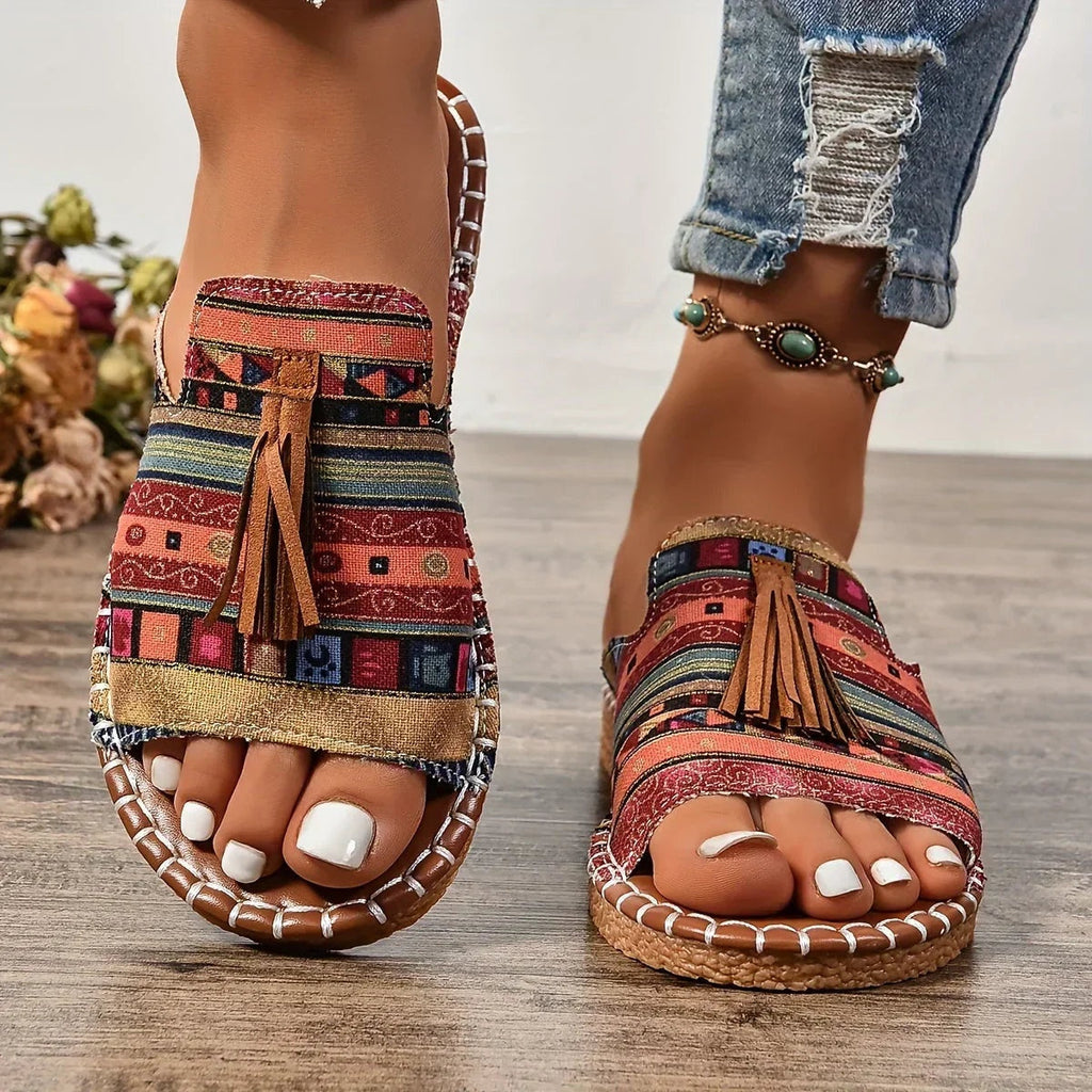 Macarena | Sandalias Planas Étnicas Mujer Borlas Suela Trenzada