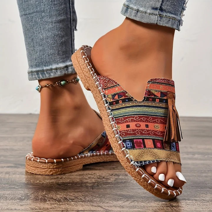 Macarena | Sandalias Planas Étnicas Mujer Borlas Suela Trenzada