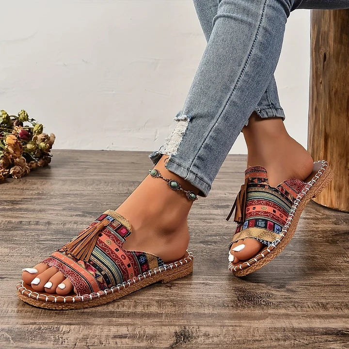 Macarena | Sandalias Planas Étnicas Mujer Borlas Suela Trenzada