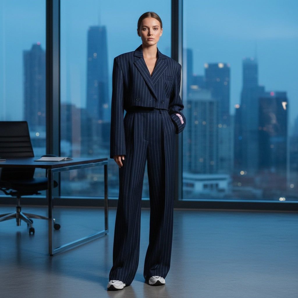 Marina | Conjunto Elegante de Rayas Mujer Blazer Cropped Pantalón Ancho