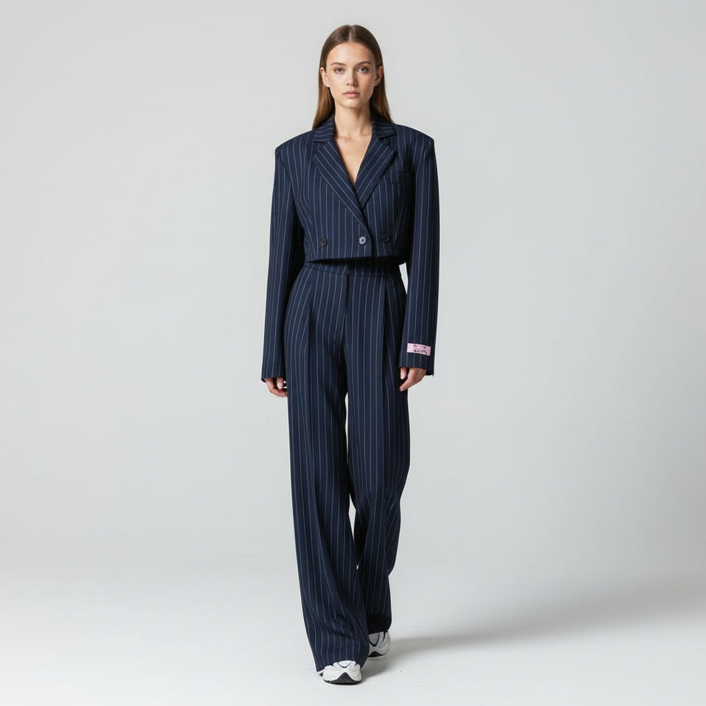 Marina | Conjunto Elegante de Rayas Mujer Blazer Cropped Pantalón Ancho