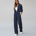 Marina | Conjunto Elegante de Rayas Mujer Blazer Cropped Pantalón Ancho