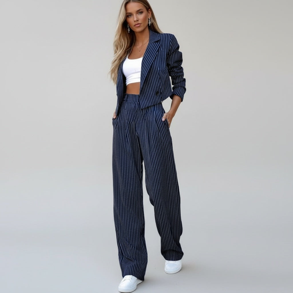 Marina | Conjunto Elegante de Rayas Mujer Blazer Cropped Pantalón Ancho