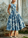 Marina | Vestido Midi Estampado Floral de Invitada Otoño Mujer Sin Mangas Plisado