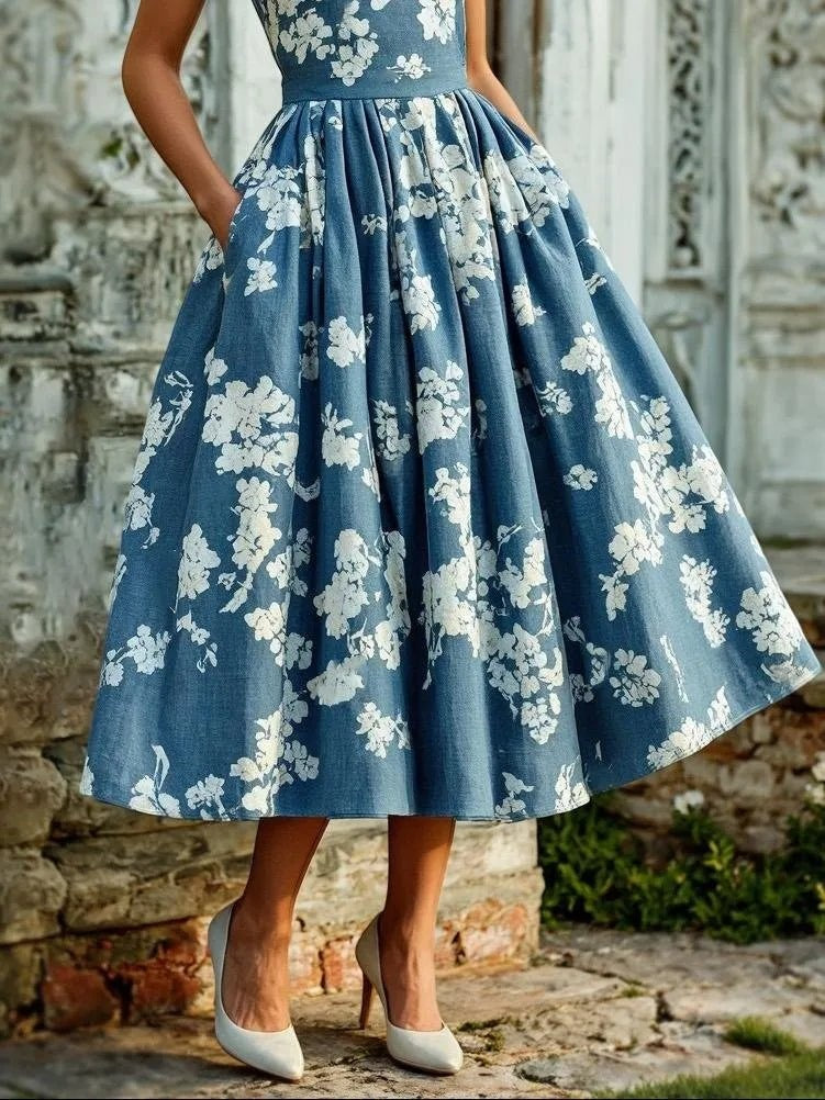 Marina | Vestido Midi Estampado Floral de Invitada Otoño Mujer Sin Mangas Plisado