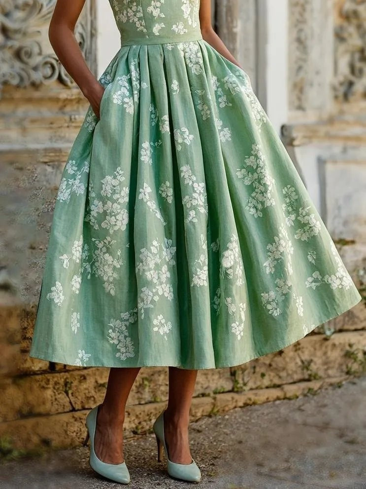 Marina | Vestido Midi Estampado Floral de Invitada Otoño Mujer Sin Mangas Plisado