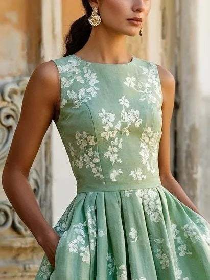 Marina | Vestido Midi Estampado Floral de Invitada Otoño Mujer Sin Mangas Plisado