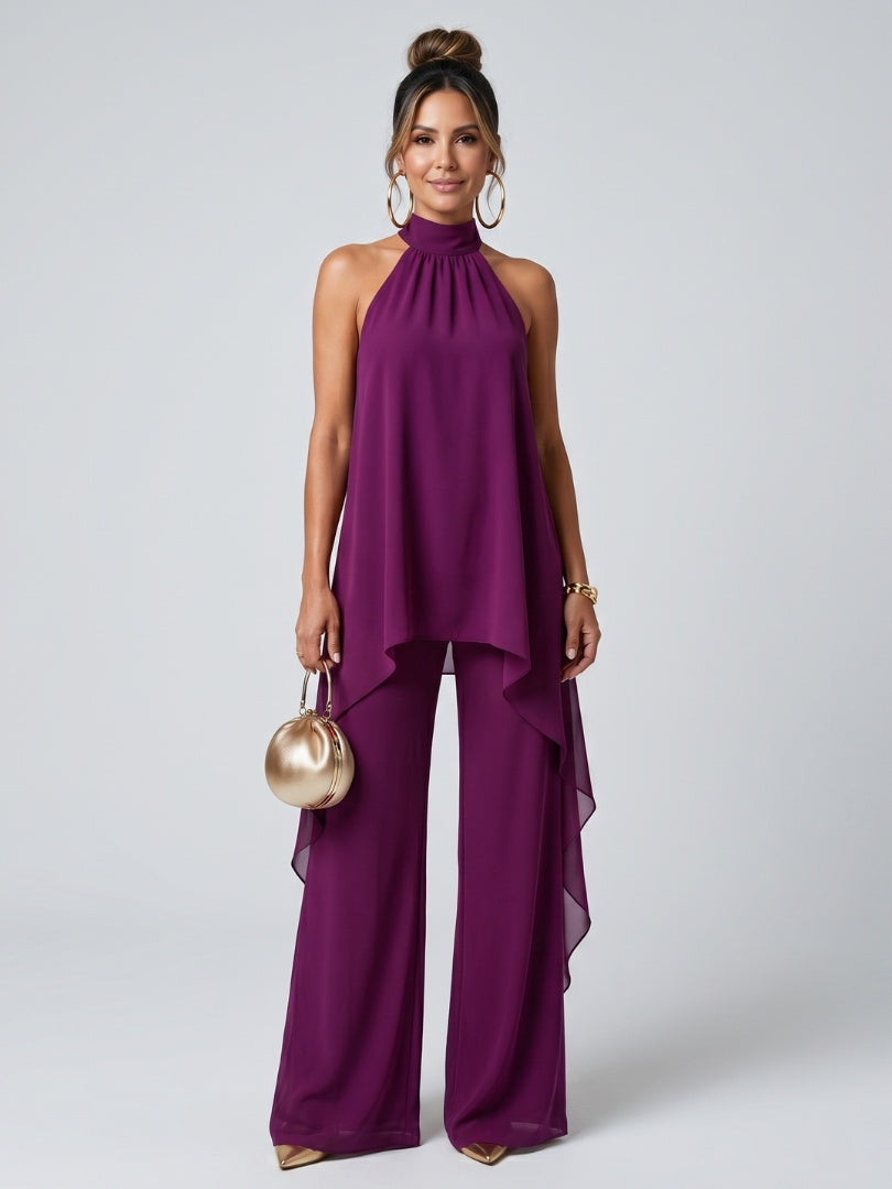 Marisol | Conjunto Elegante Top Asimétrico y Pantalón Palazzo Mujer Cuello Halter
