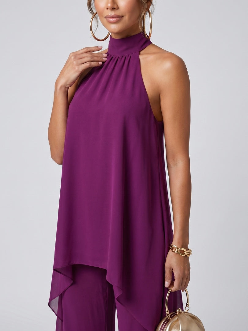 Marisol | Conjunto Elegante Top Asimétrico y Pantalón Palazzo Mujer Cuello Halter