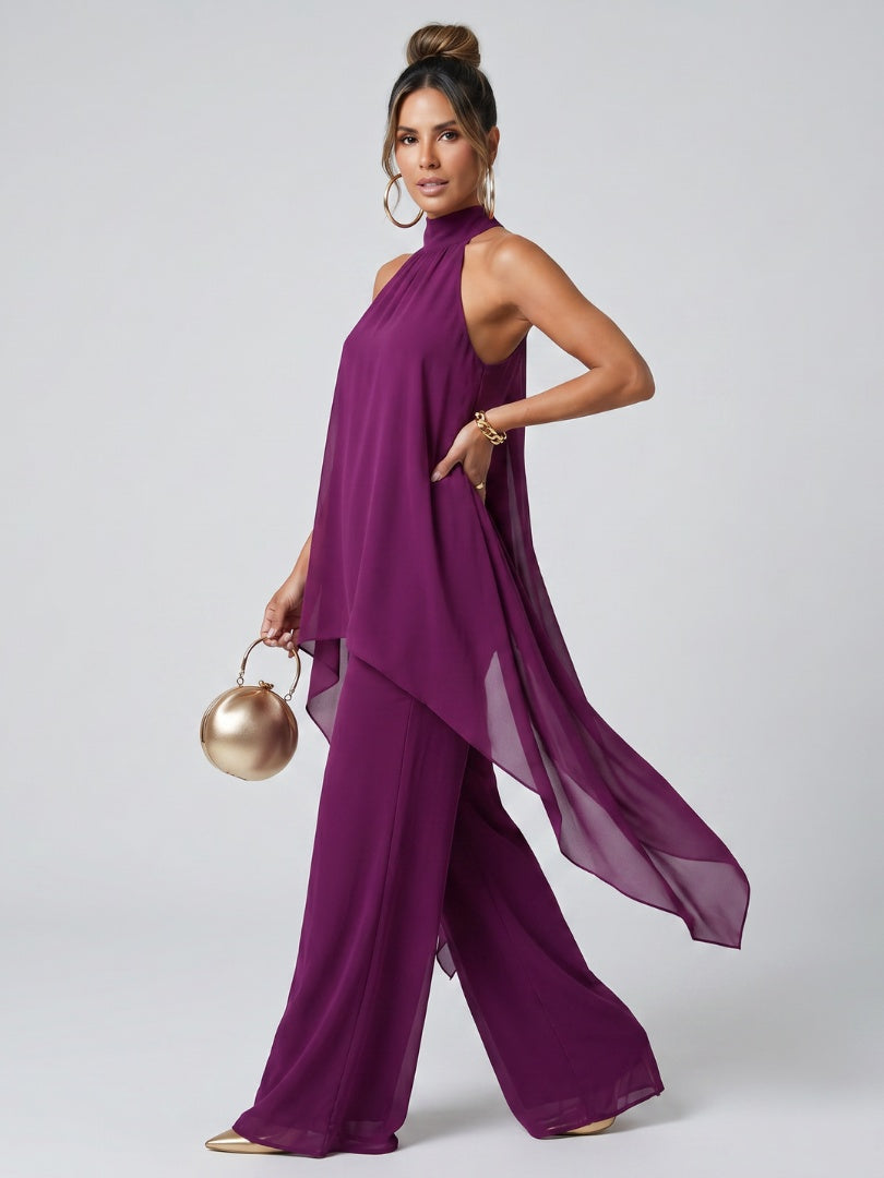Marisol | Conjunto Elegante Top Asimétrico y Pantalón Palazzo Mujer Cuello Halter