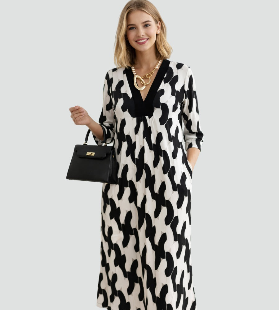 Marisol | Vestido Largo Elegante Estampado Geométrico Mujer Escote V Manga Tres Cuartos