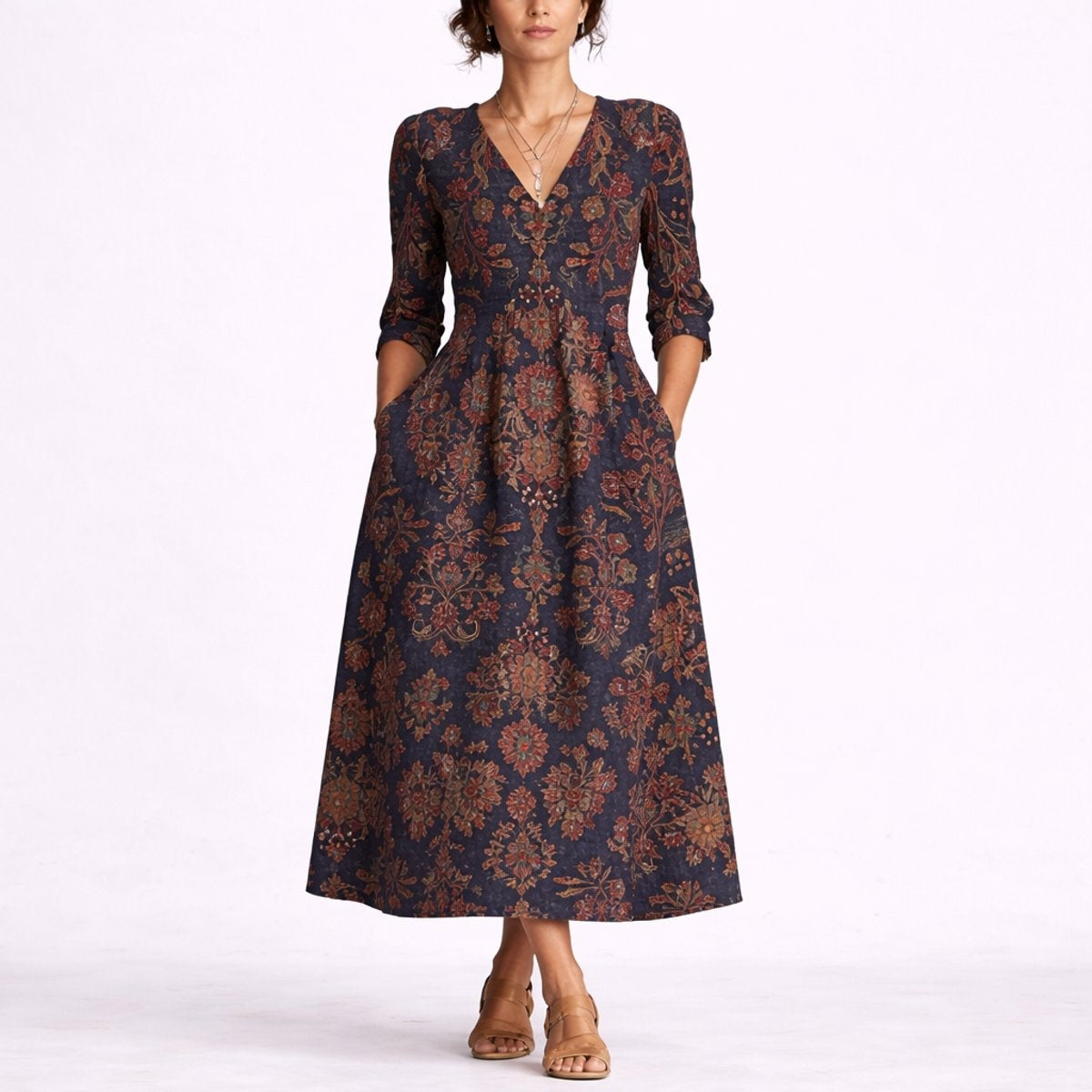 Mencía | Vestido Invitada Invierno Estampado Floral Mujer Manga 3/4 Bolsillos