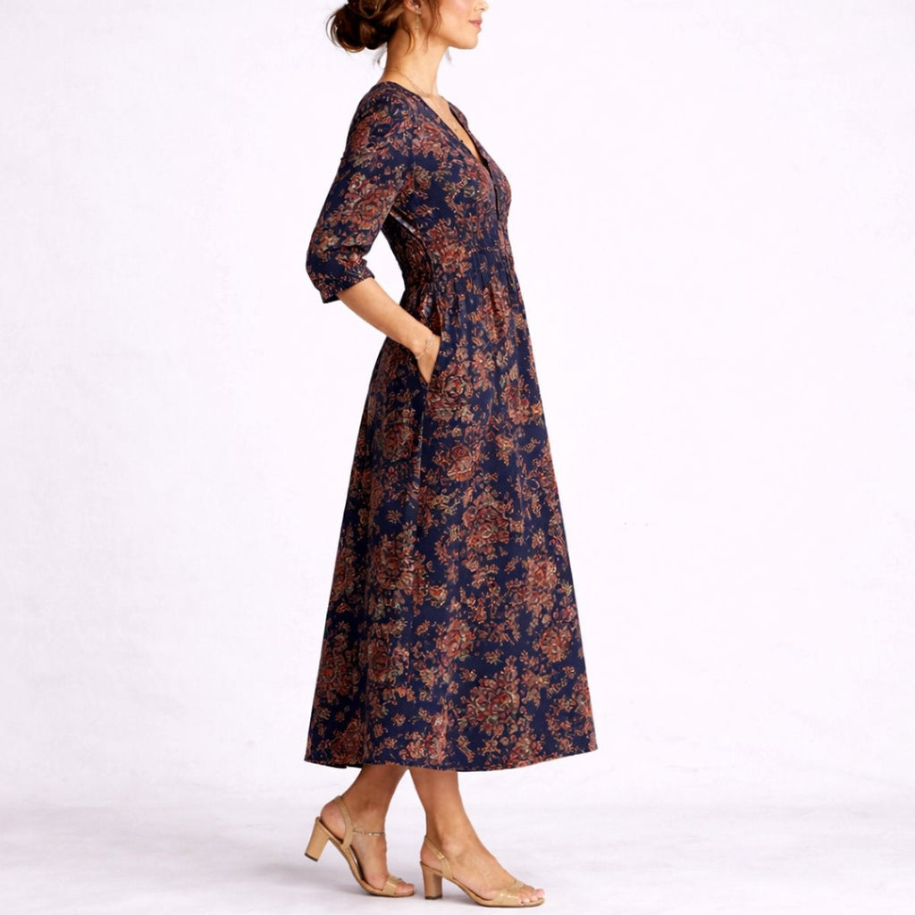 Mencía | Vestido Invitada Invierno Estampado Floral Mujer Manga 3/4 Bolsillos