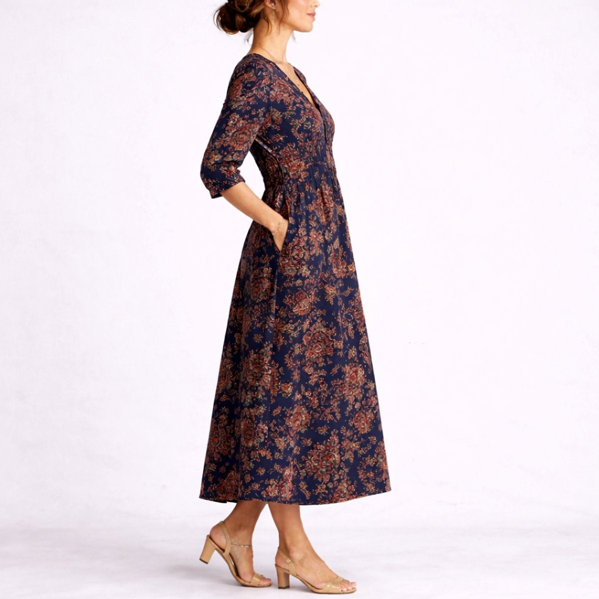 Mencía | Vestido Invitada Invierno Estampado Floral Mujer Manga 3/4 Bolsillos