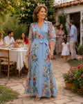 Mencía | Vestido Largo Floral de Invitada Mujer Manga Larga Cinturón