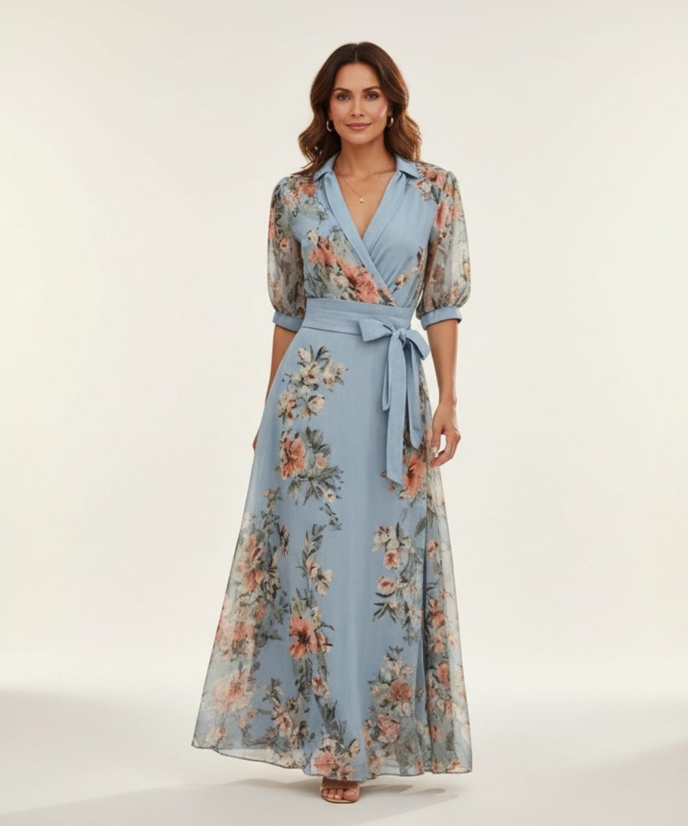Mencía | Vestido Largo Floral de Invitada Mujer Manga Larga Cinturón