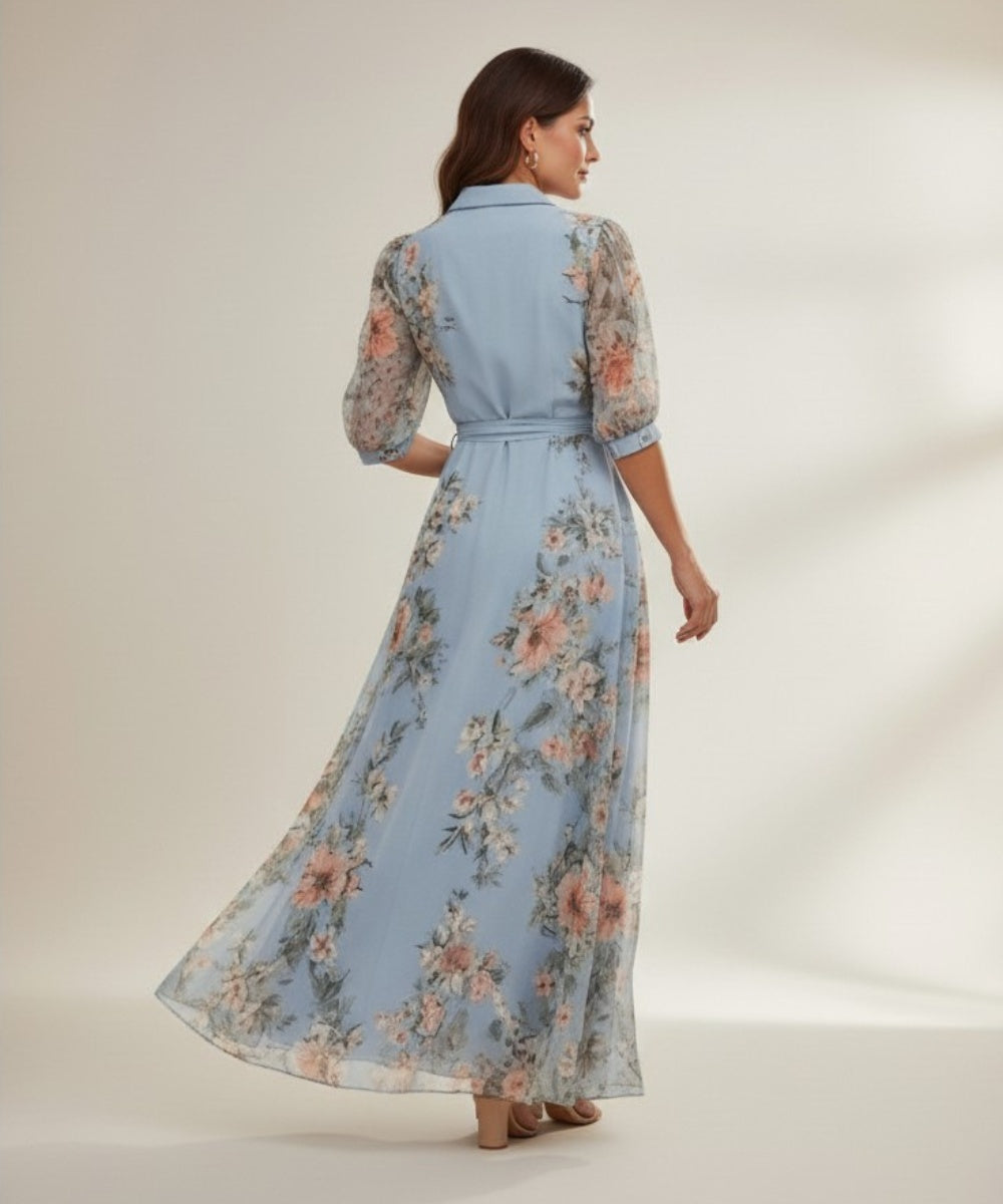 Mencía | Vestido Largo Floral de Invitada Mujer Manga Larga Cinturón