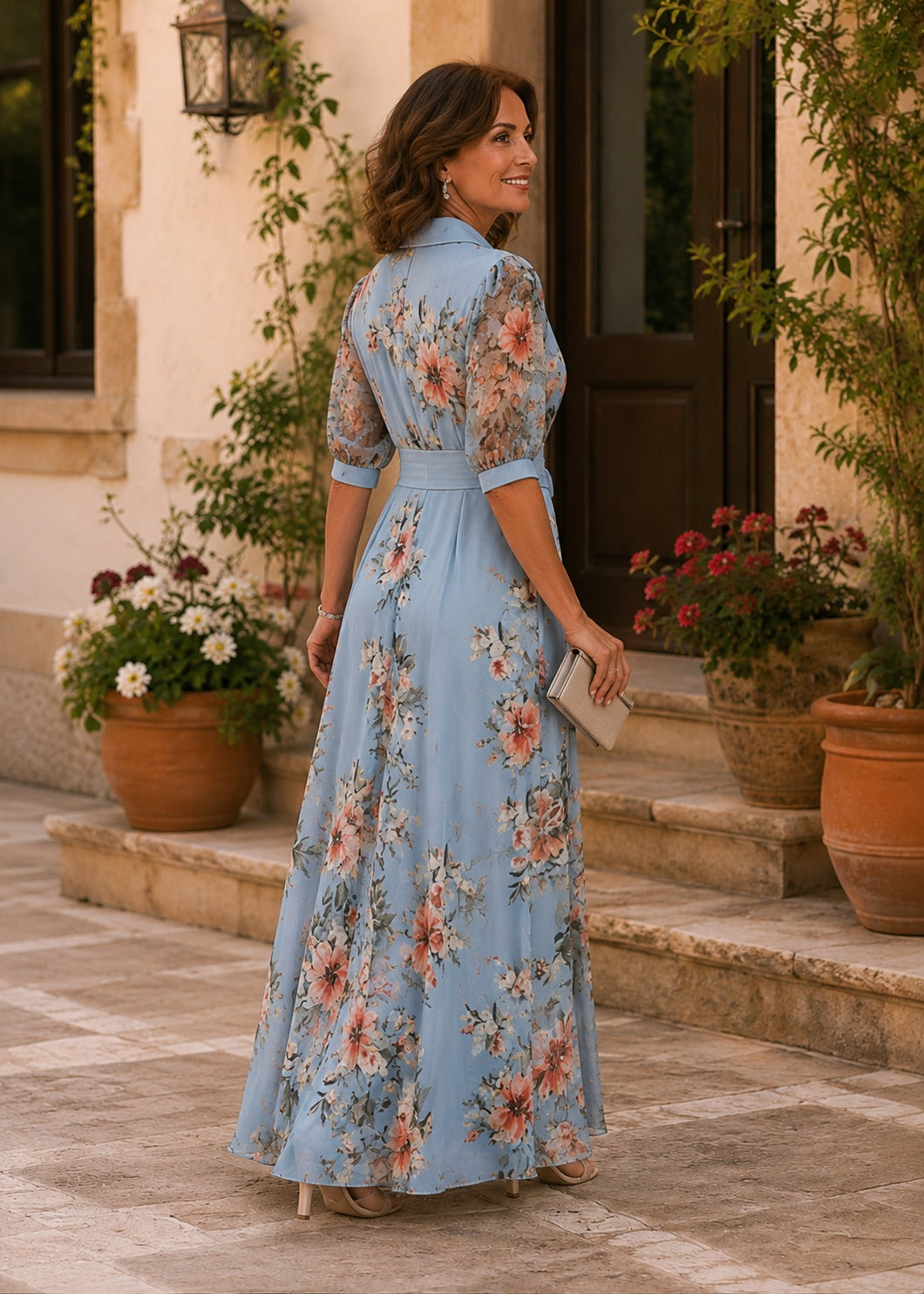 Mencía | Vestido Largo Floral de Invitada Mujer Manga Larga Cinturón