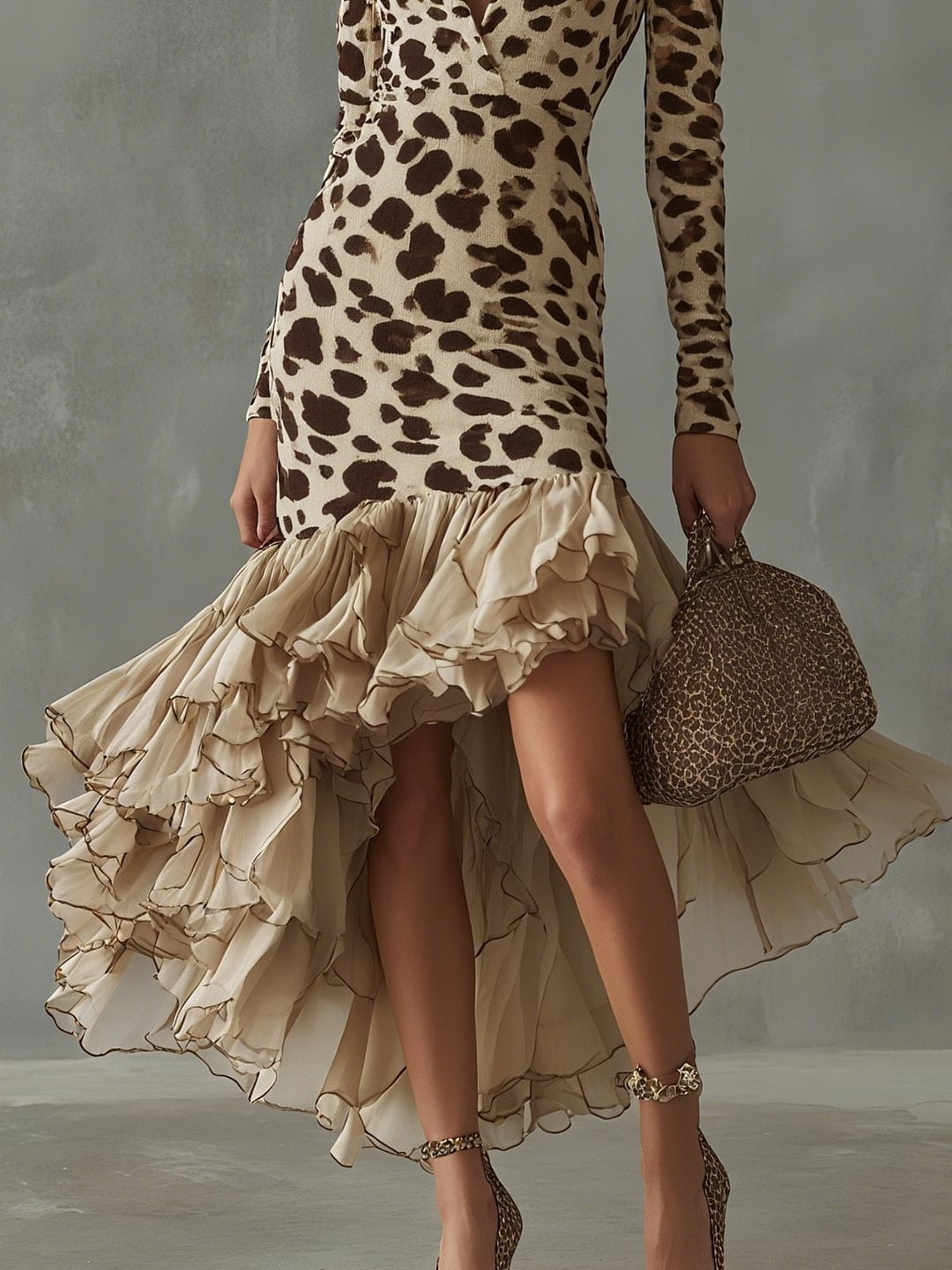 Mencía | Vestido Midi con Volantes Asimétrico Mujer Manga Larga Escote V