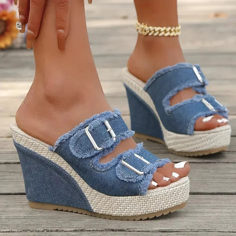 Miriam | Sandalias de Cuña Mujer Hebilla Denim Plataforma