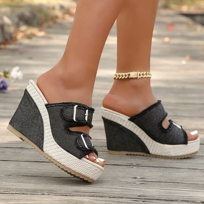 Miriam | Sandalias de Cuña Mujer Hebilla Denim Plataforma