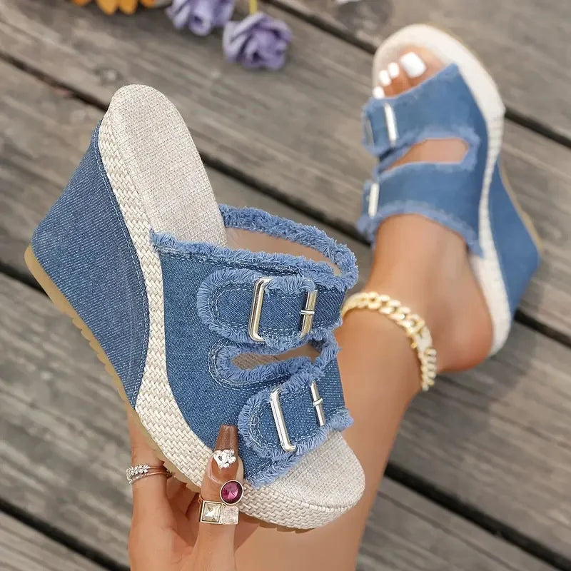 Miriam | Sandalias de Cuña Mujer Hebilla Denim Plataforma