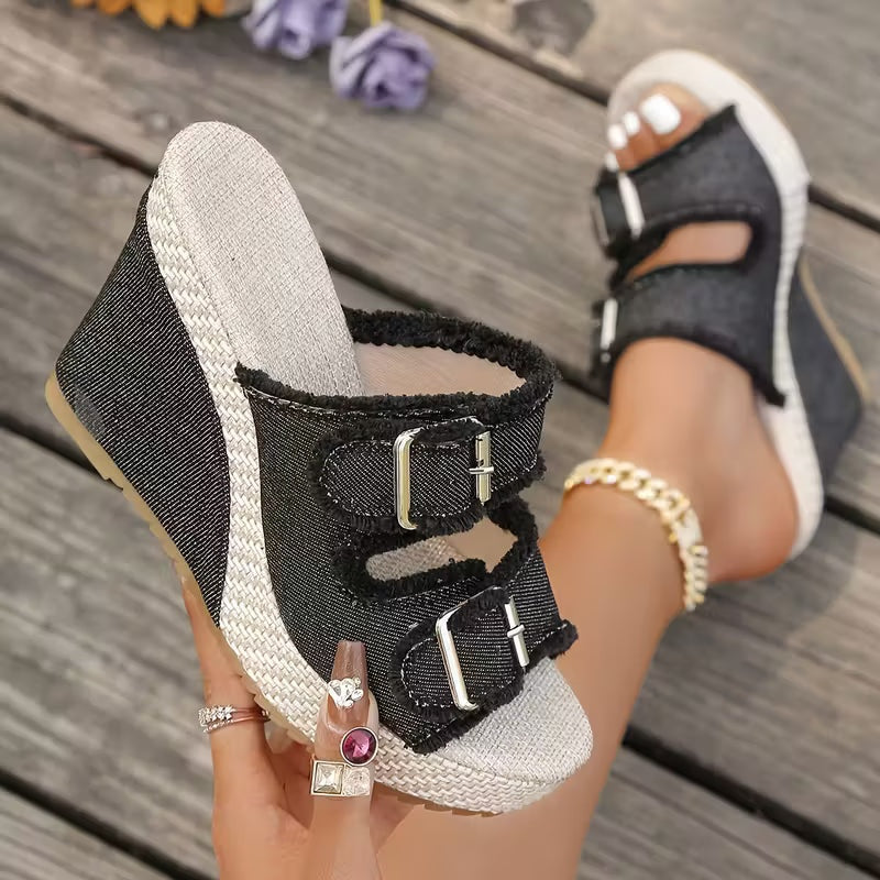 Miriam | Sandalias de Cuña Mujer Hebilla Denim Plataforma