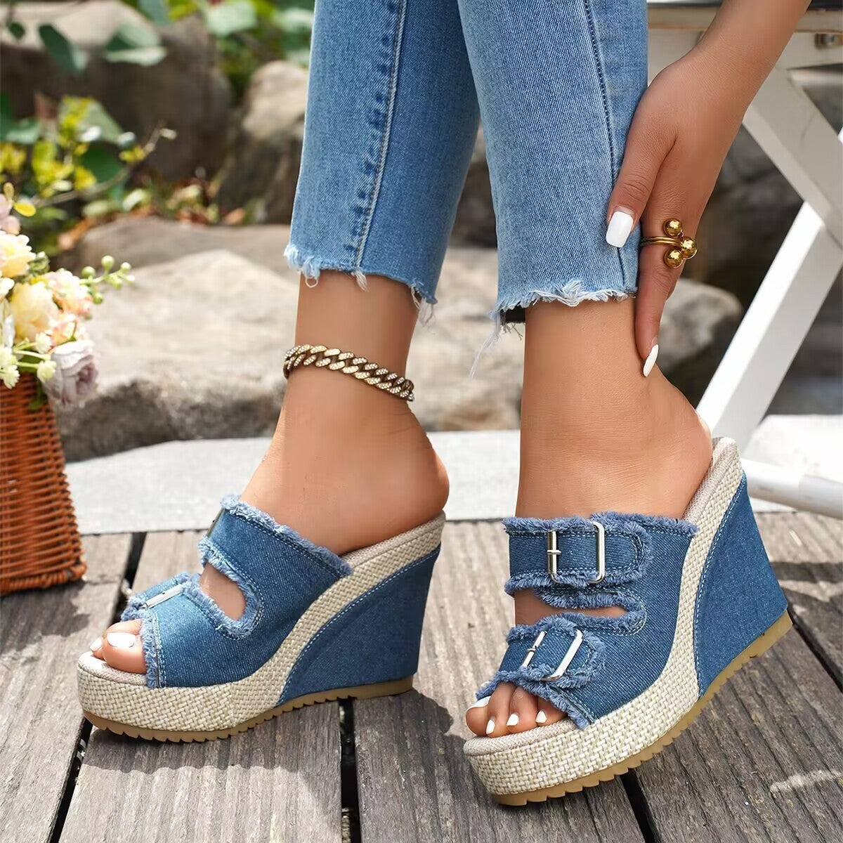 Miriam | Sandalias de Cuña Mujer Hebilla Denim Plataforma