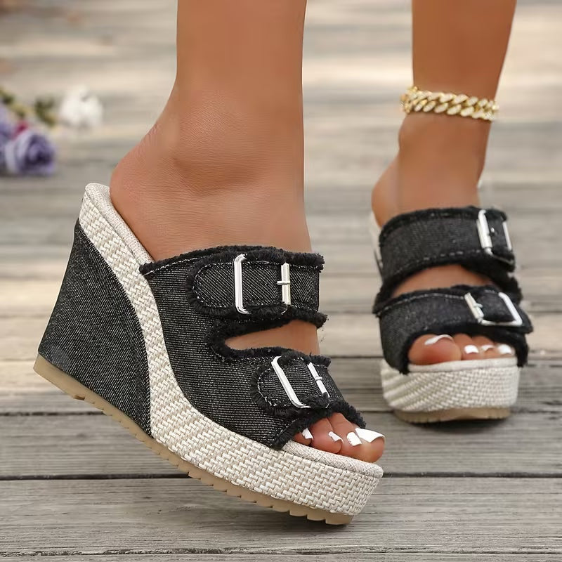 Miriam | Sandalias de Cuña Mujer Hebilla Denim Plataforma