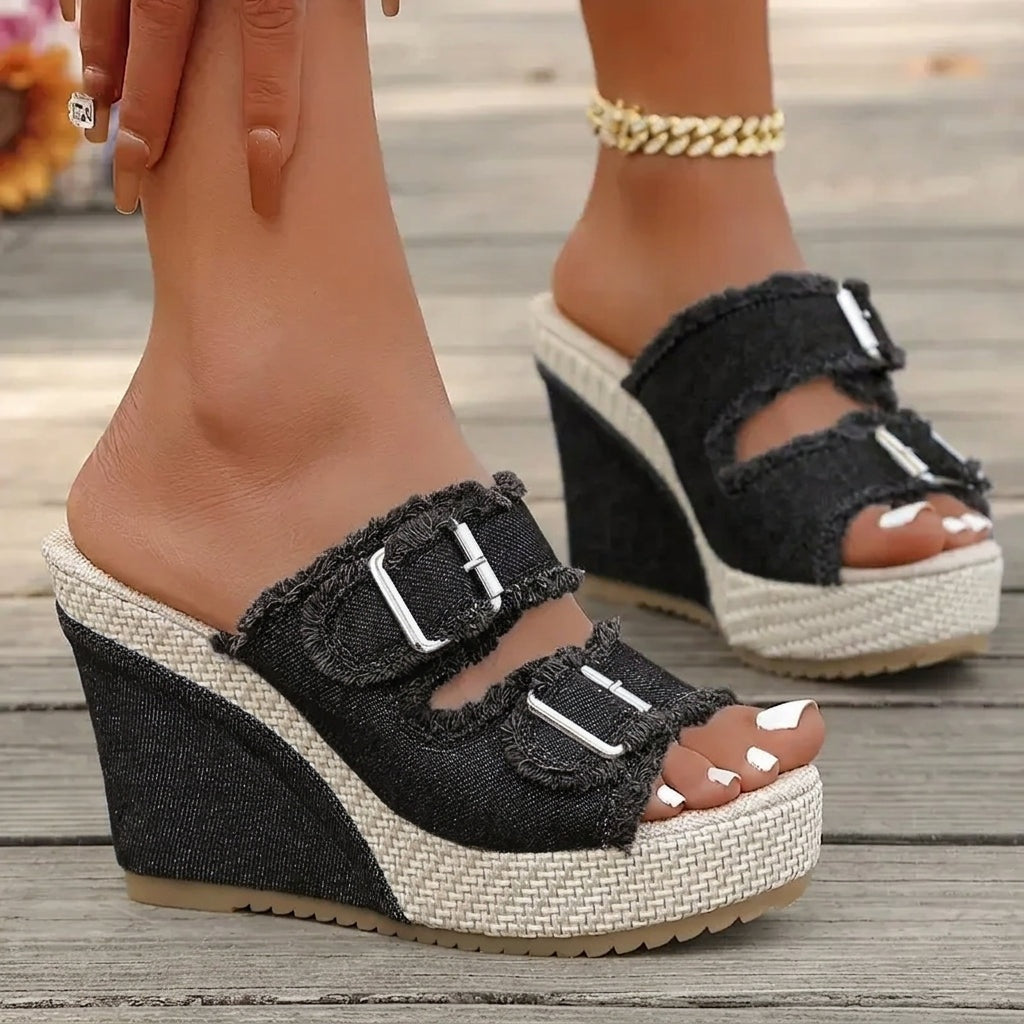 Miriam | Sandalias de Cuña Mujer Hebilla Denim Plataforma