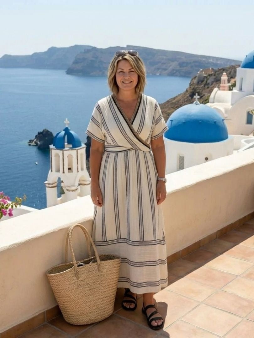 Miriam | Vestido Midi de Lino Cruzado de Verano Mujer Manga Corta