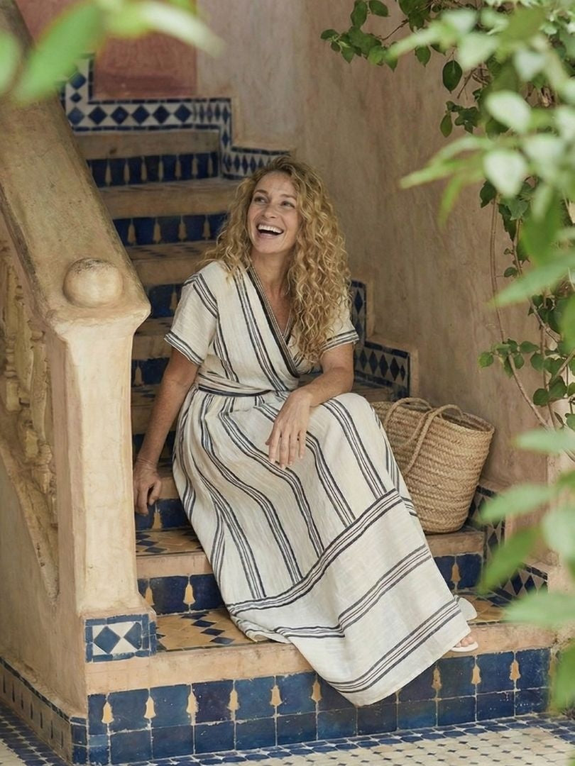 Miriam | Vestido Midi de Lino Cruzado de Verano Mujer Manga Corta