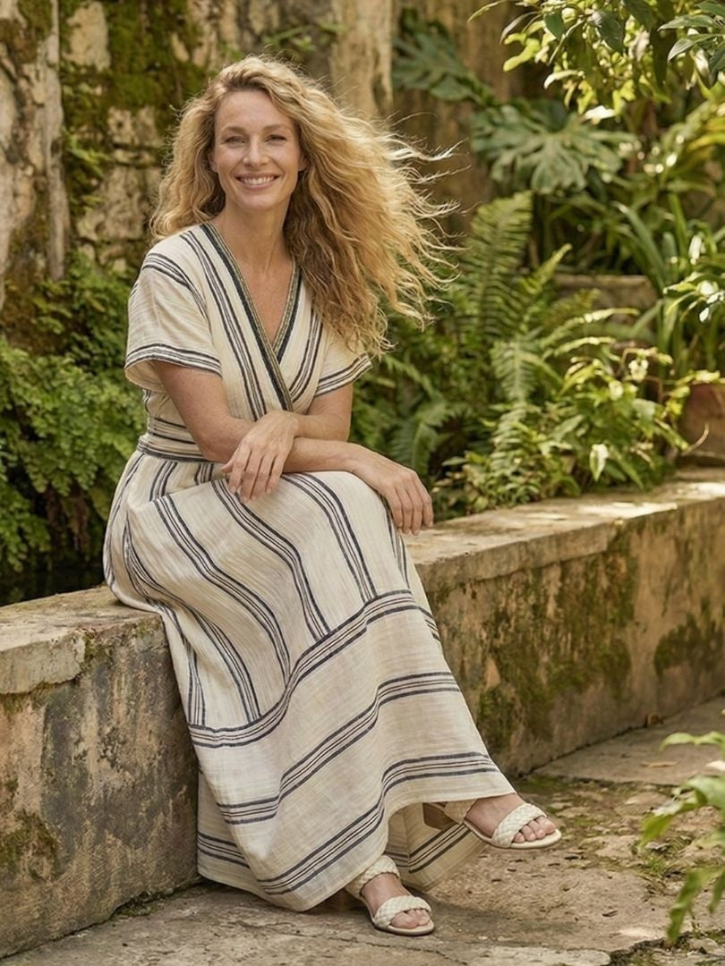 Miriam | Vestido Midi de Lino Cruzado de Verano Mujer Manga Corta