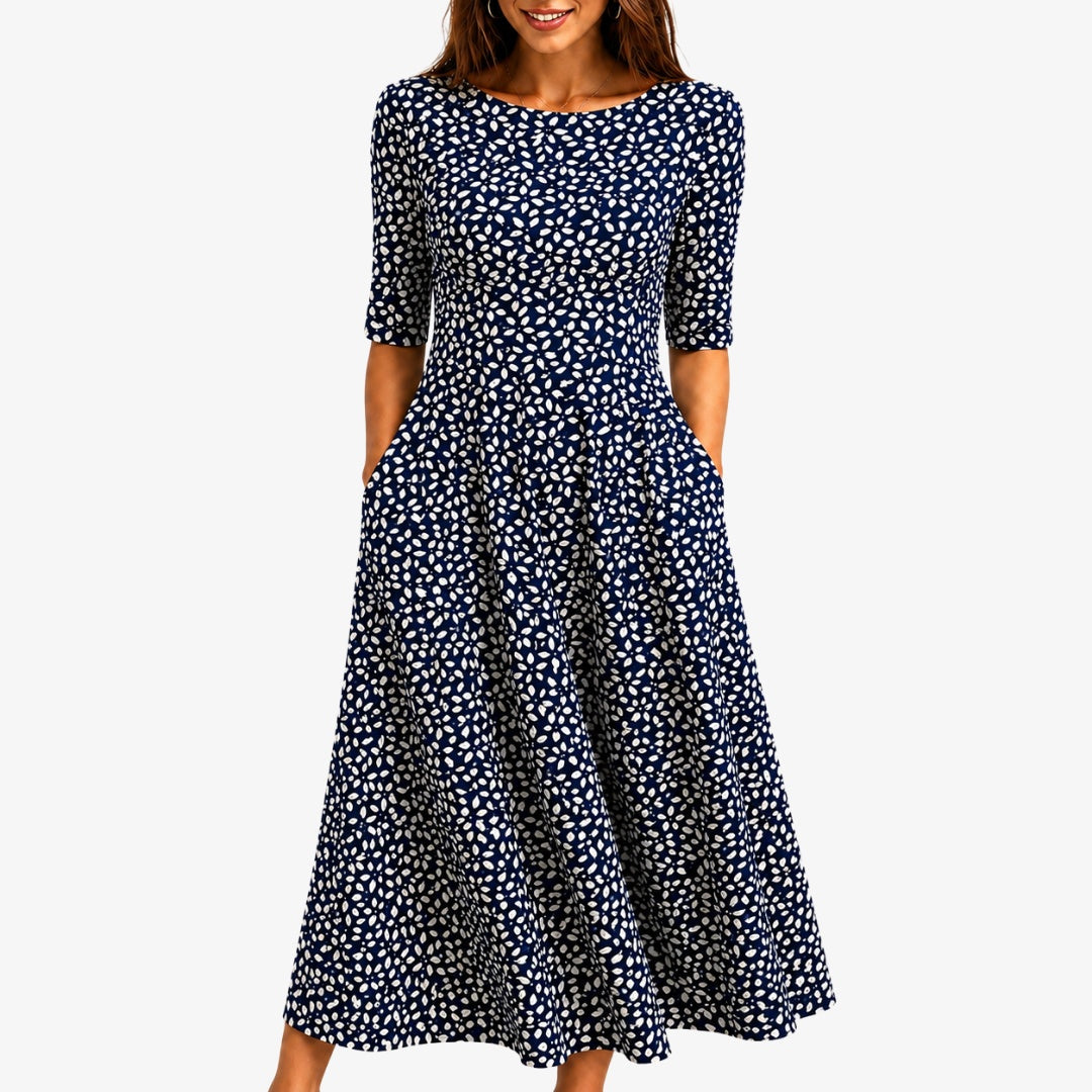Montserrat | Vestido Invitada Otoño Estampado Mujer Manga Corta con Bolsillos